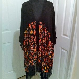 Jessica Simpson Black Floral Kimono Fringe Whimsigoth Boho 3X/4X Julia Waterfall